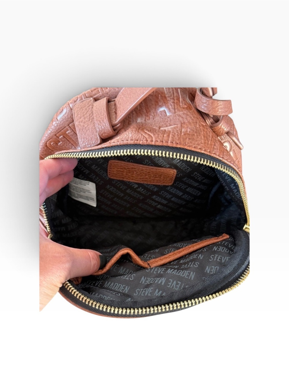 Steve Madden Cognac Faux-Leather Mini Backpack with Embossed Logo - Picture 2 of 10